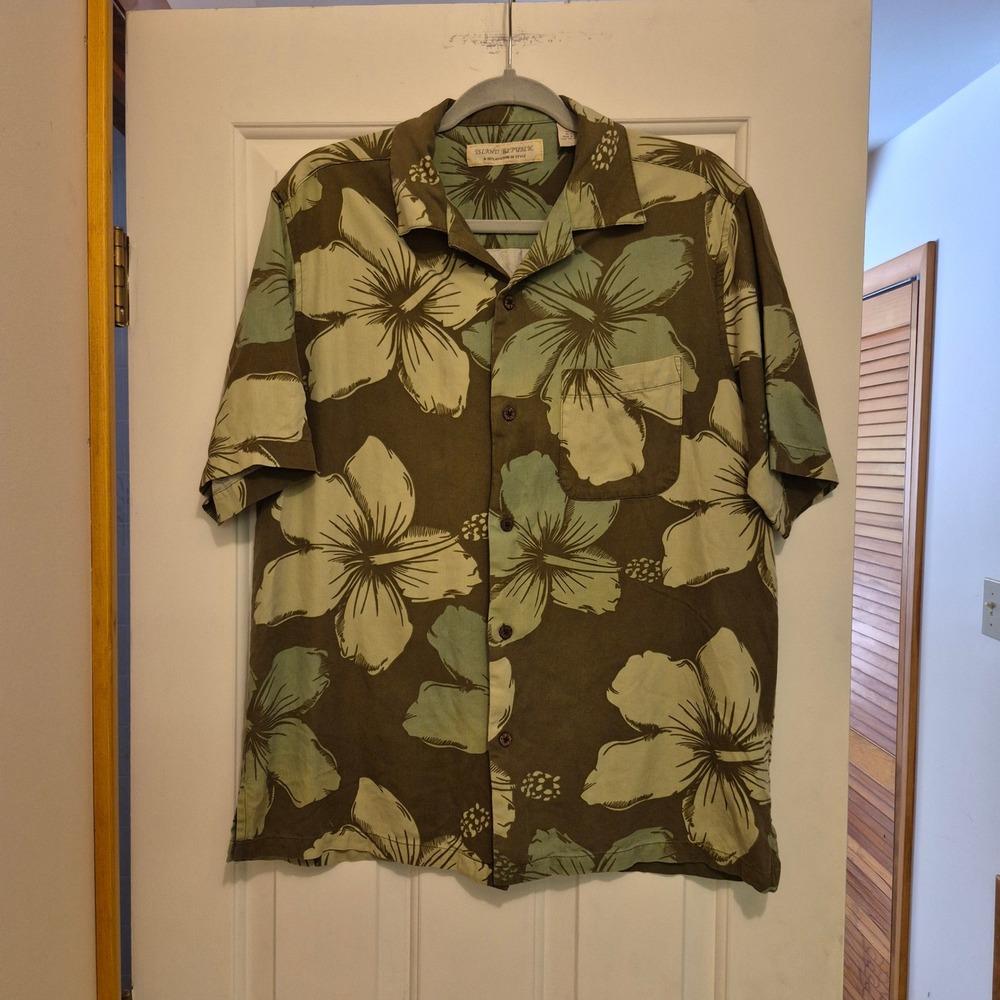 Island Republic Mens Hawaiian Floral Silk Short Sleeve Button Up Shirt Size M‎